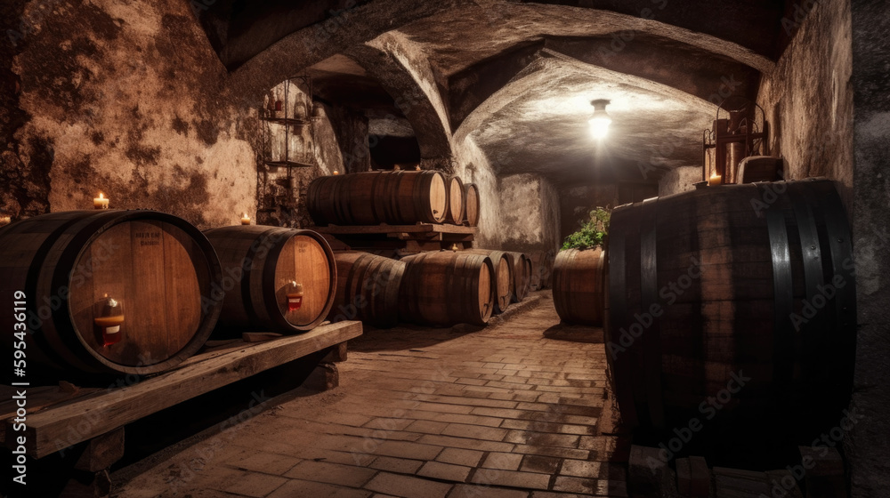 a dark rustic wine cellar with large wooden barrels. Generative AI