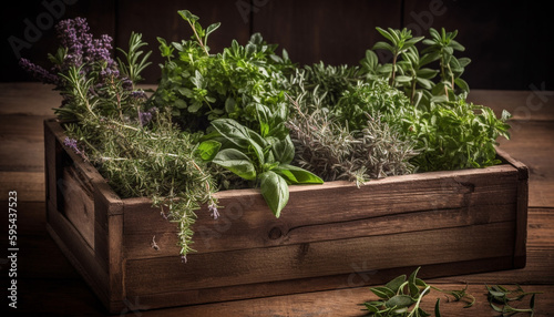 Wooden crate holds a bunch of herbs generated by AI