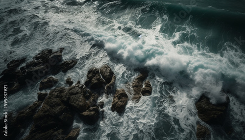 Breaking waves crash against rocky coastline, spray flying generated by AI