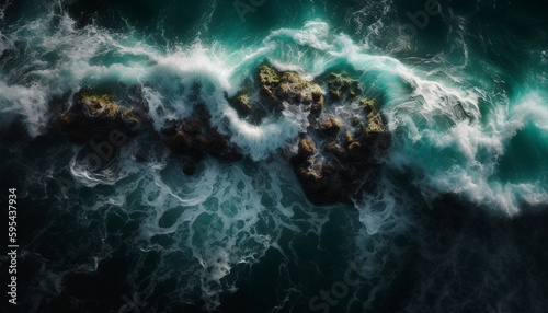 Breaking waves crash on rocky cliff shoreline generated by AI