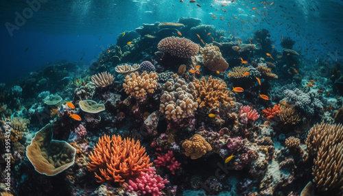 Colorful marine life thrives on the coral reef generated by AI