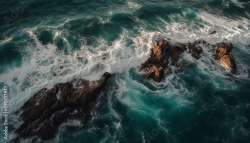 Breaking waves crash against rocky coastline, splashing foam generated by AI