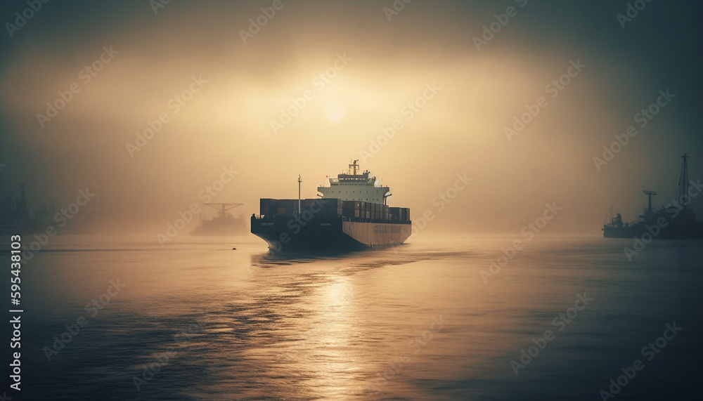 Container ship carrying cargo at sunset reflection generated by AI
