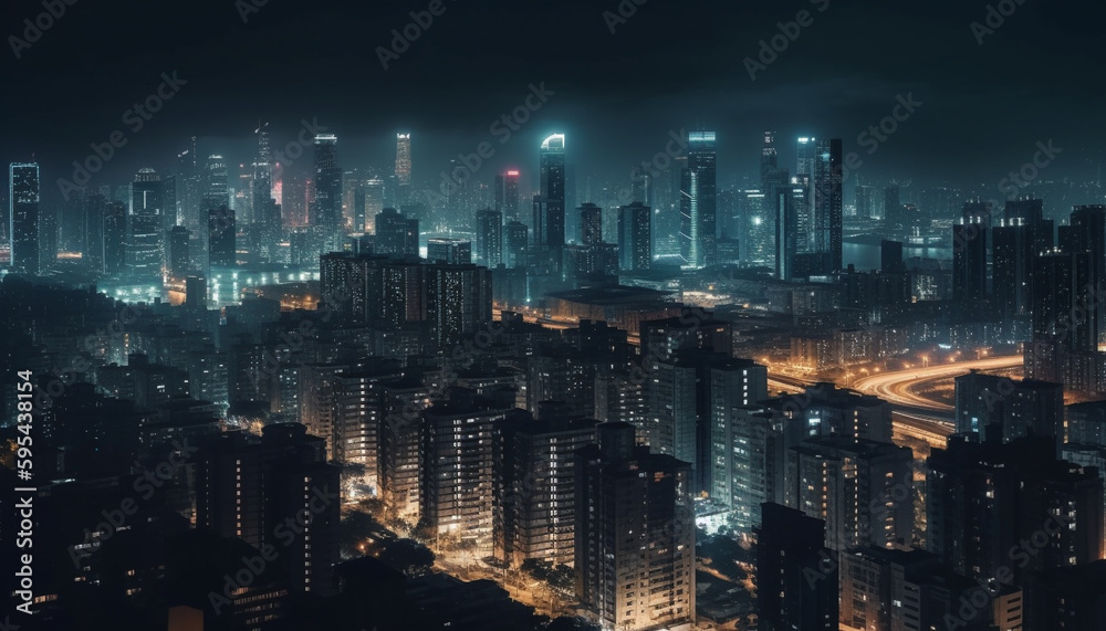 Glowing city skyline at dusk, traffic illuminated generated by AI