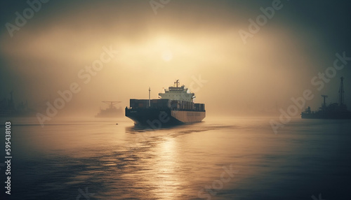 Container ship carrying cargo at sunset reflection generated by AI © Stockgiu