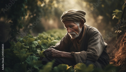 Smiling senior farmer sitting outdoors in nature generated by AI © Stockgiu