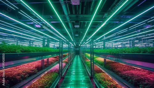 Futuristic factory illuminates city with vibrant lighting equipment generated by AI