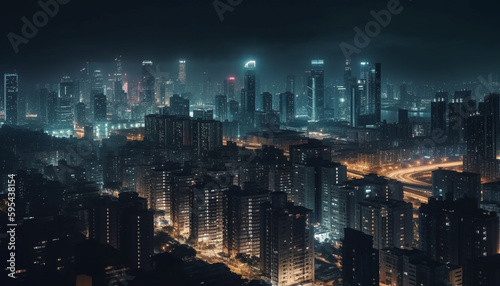 Glowing city skyline at dusk, traffic illuminated generated by AI