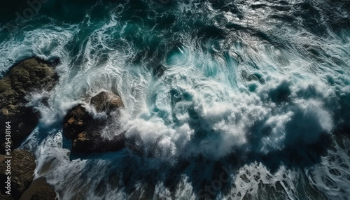 Breaking waves crash against rocky coastline, splashing spray generated by AI