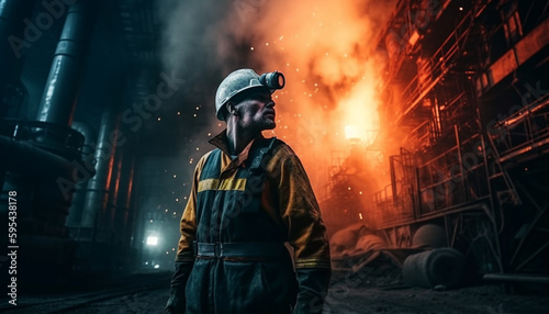 Steel mill workers in protective gear welding flame generated by AI