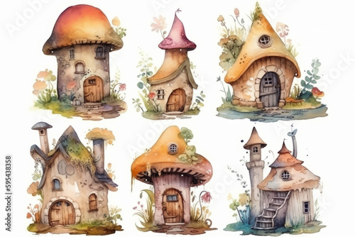 Six Fairy homes with mushroom and floral trappings