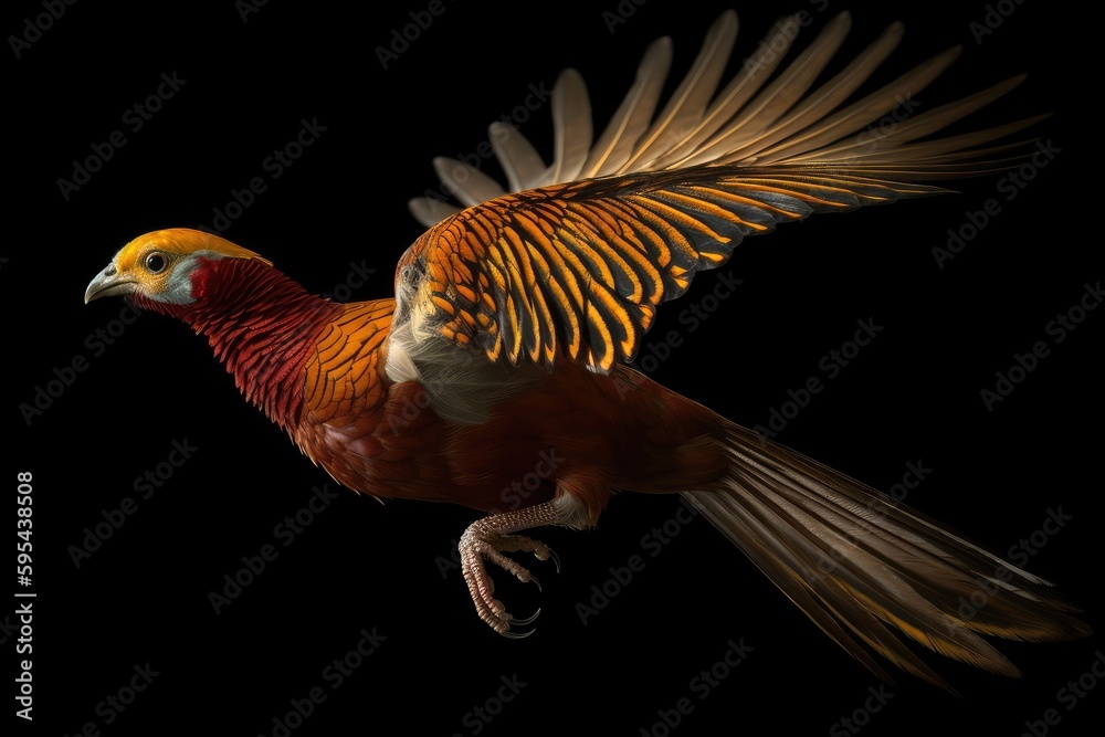 Obraz premium A Golden Pheasant in mid-flight, with its wings spread wide and its feathers visible in motion.