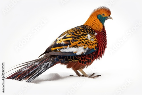 A Golden Pheasant in a snow-covered landscape  with its colorful feathers providing a striking contrast against the white background.