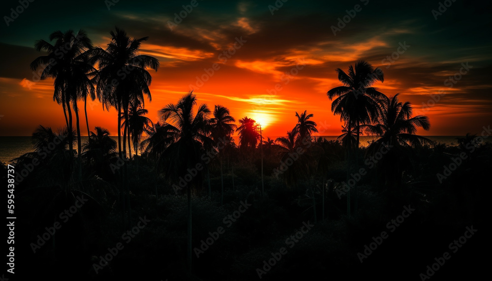 Silhouette of palm tree, orange sunset reflection generated by AI