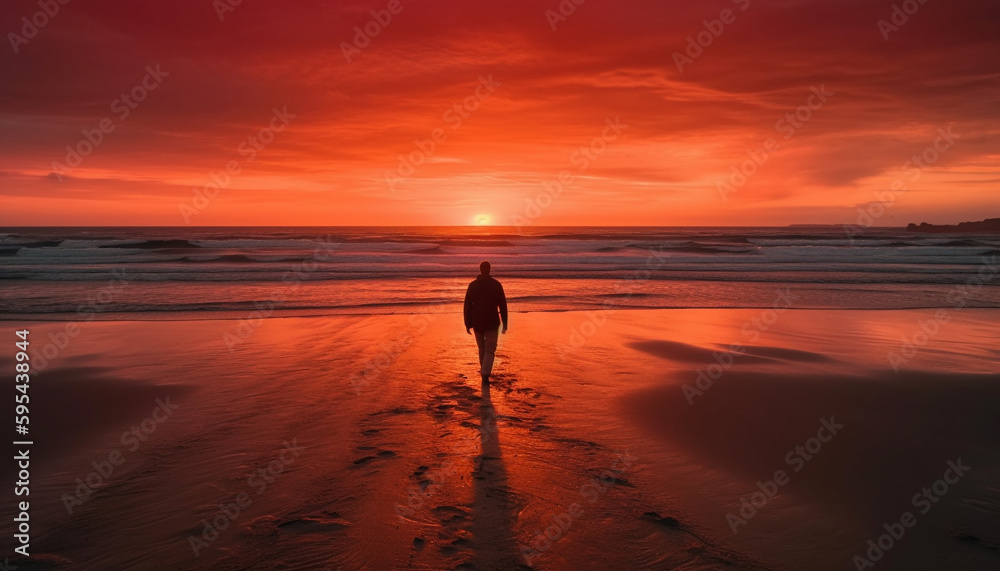 Silhouette of one person walking at dusk generated by AI