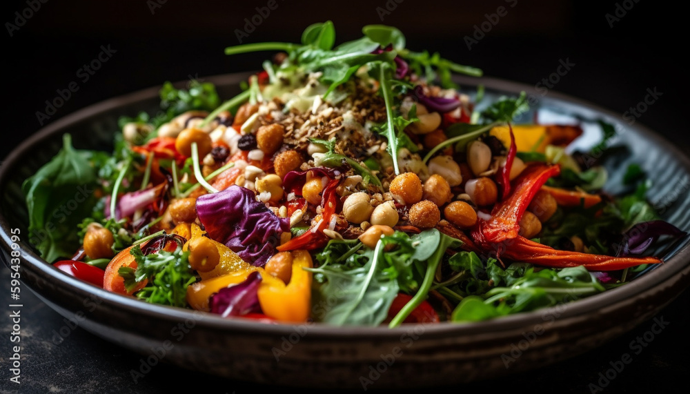 Fresh gourmet salad on wooden plate, healthy meal generated by AI Fresh gourmet salad on wooden plate, healthy meal generated by AI