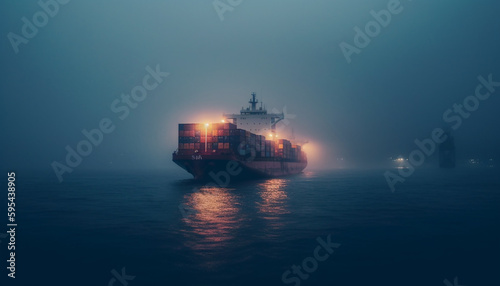 Container ship carrying cargo, illuminated at dusk generated by AI