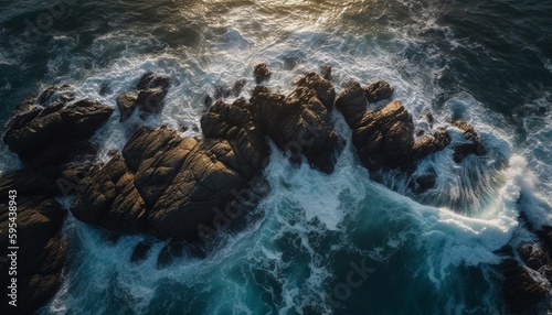 Breaking waves crash against rocky coastline beauty generated by AI