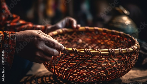 Woven wicker bowl holds fresh organic fruit generated by AI