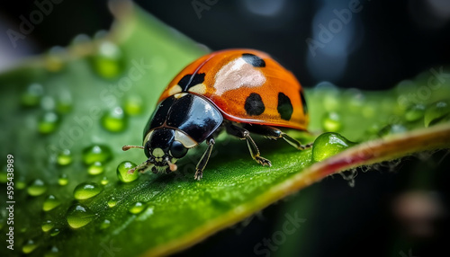 Spotted ladybug crawls on wet green leaf generated by AI