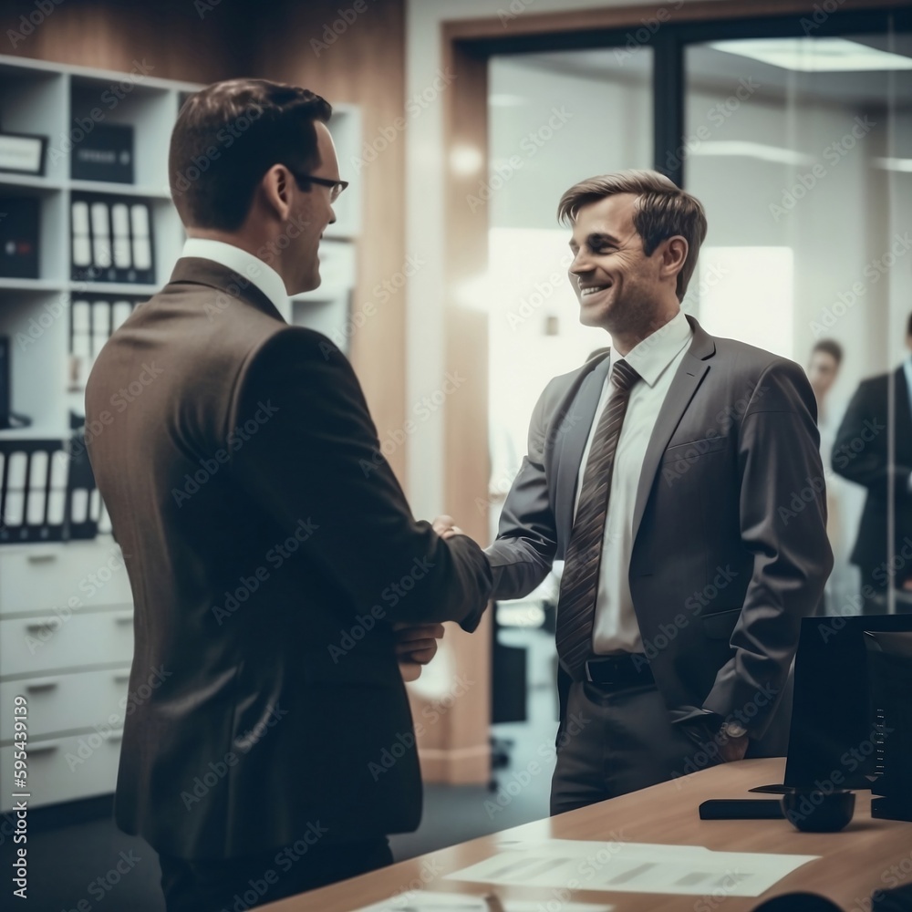 Realistic illustration of two successful men shaking hands inside a fancy office Realistic illustration of two successful men shaking hands inside a fancy office