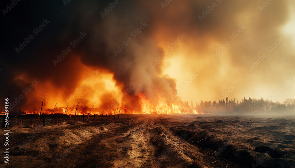 Burning forest inferno destroys natural environment completely generative AI