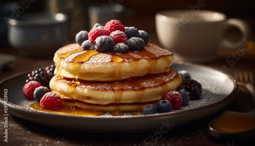 Stack of homemade blueberry pancakes with syrup pouring generative AI