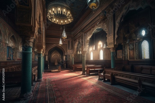 An unoccupied Muslim place of worship adorned with Islamic ornamentation. Generative AI