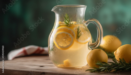 Fresh lemonade in a rustic wooden jug generative AI