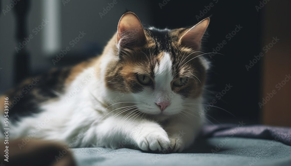 Soft, striped kitten resting on yellow pillow generative AI