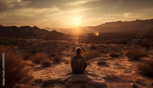 Man sitting, meditating, admiring serene mountain range generated by AI