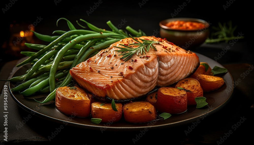 Grilled organic salmon steak, a gourmet meal generated by AI Grilled organic salmon steak, a gourmet meal generated by AI