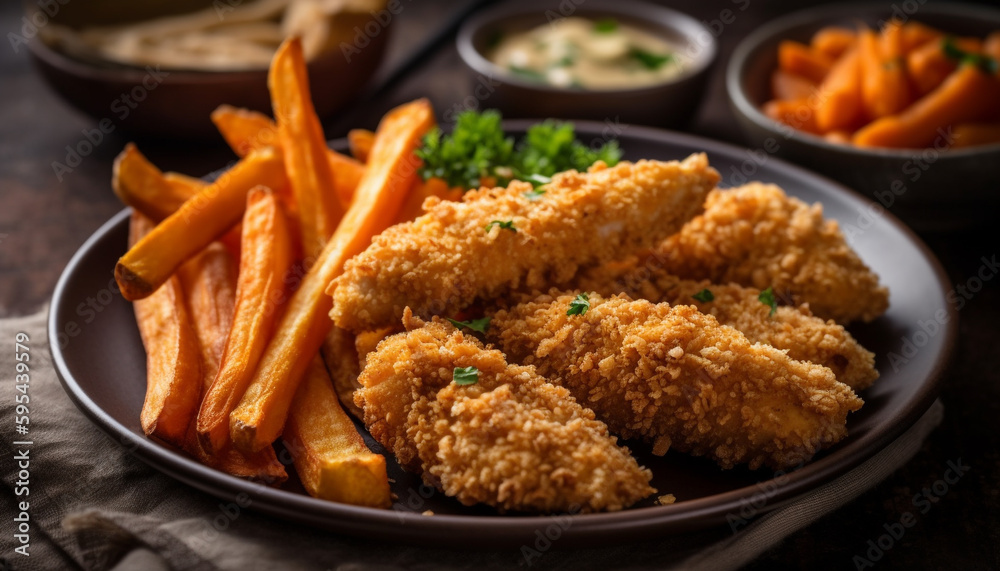 Fried chicken and French fries, a classic meal generated by AI Fried chicken and French fries, a classic meal generated by AI