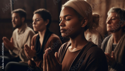 Young women practicing spirituality, meditating indoors together generated by AI © Stockgiu