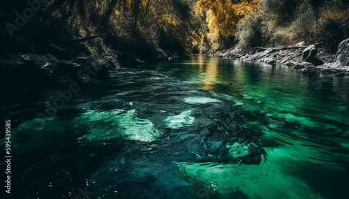 Tranquil scene of flowing water in forest generative AI