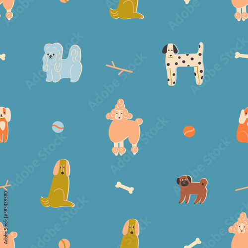 Collection of funny dogs seamless pattern. Cute puppies and dogs fabric design. Vector illustration