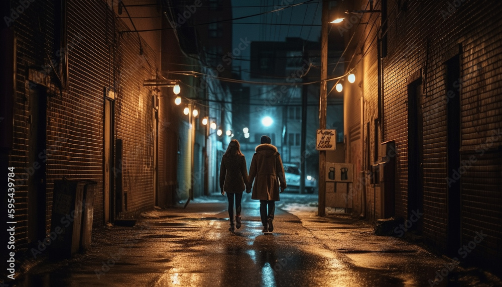 Young couple walking in illuminated city streets generated by AI