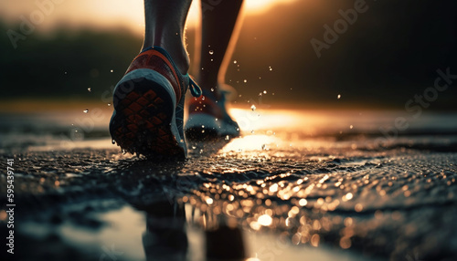 Healthy athlete jogging in nature at sunset generated by AI