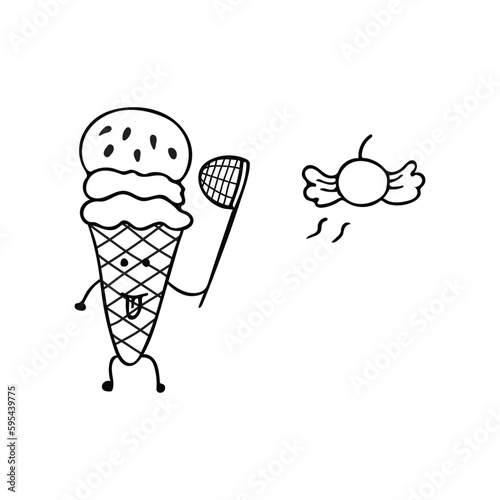 Hand drawn Funny Ice cream using net trying to catch cherry Cartoon Mascot Character Vector illustration color children cartoon funny food clipart
