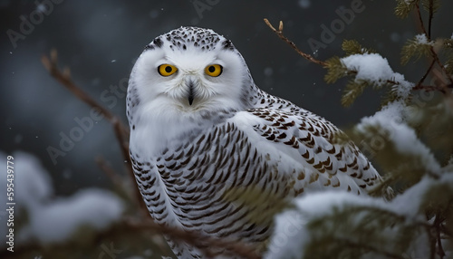 Great horned owl perching on snowy branch generative AI © Jeronimo Ramos
