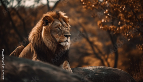 Majestic lion resting in African savannah grass generative AI