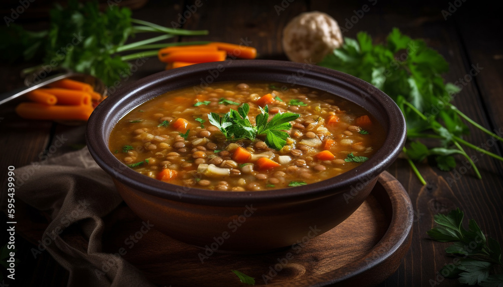Fresh vegetable soup on rustic wooden table generated by AI
