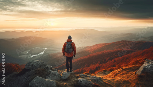 Men hiking mountain peak, nature adventure success generated by AI