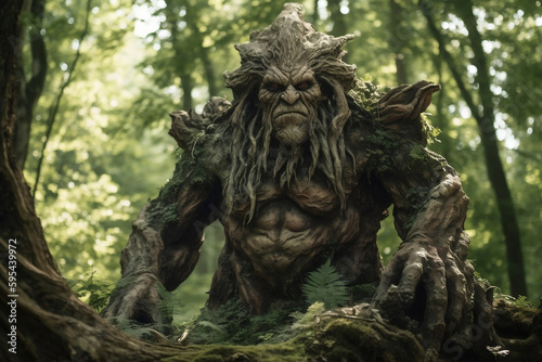 A photograph of a tree goblin-giant surrounded by dense green trees and thick undergrowth, with a misty forest clearing visible in the background. Generative AI 