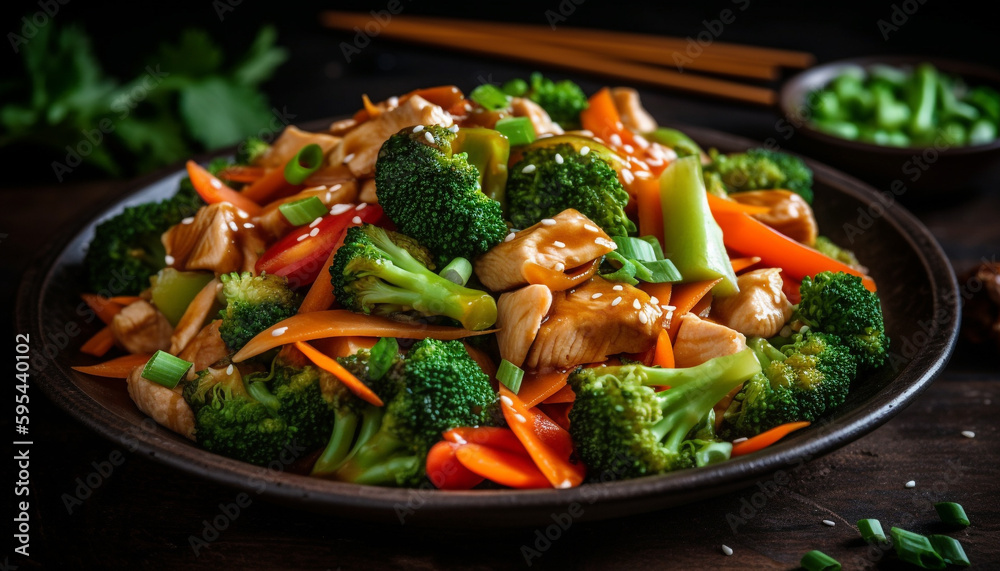 Fresh stir fried vegetables on rustic wooden plate generated by AI Fresh stir fried vegetables on rustic wooden plate generated by AI