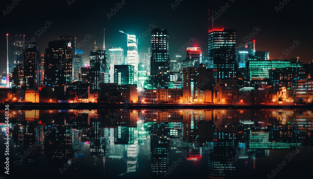 Fototapeta premium Glowing cityscape reflects in water at dusk generated by AI