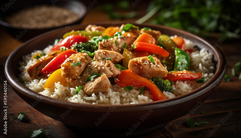 Healthy stir fried vegetable rice with grilled meat generated by AI