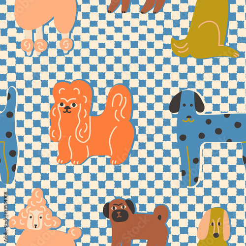 Cute dogs on a plaid seamless pattern. Set of funny cartoon dog and puppy pet. Vector illustration