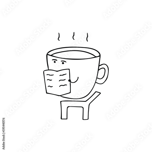 Hand drawn Cute coffee reading newspaper Cartoon Mascot Character Vector illustration color children cartoon funny coffee clipart