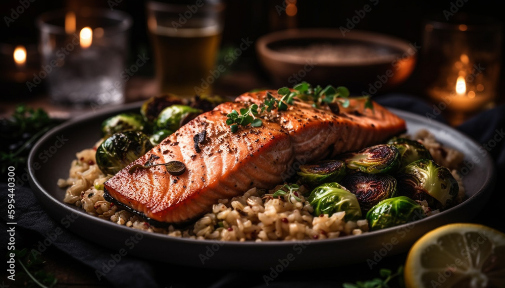 Grilled salmon steak, healthy meal with vegetables generated by AI Grilled salmon steak, healthy meal with vegetables generated by AI